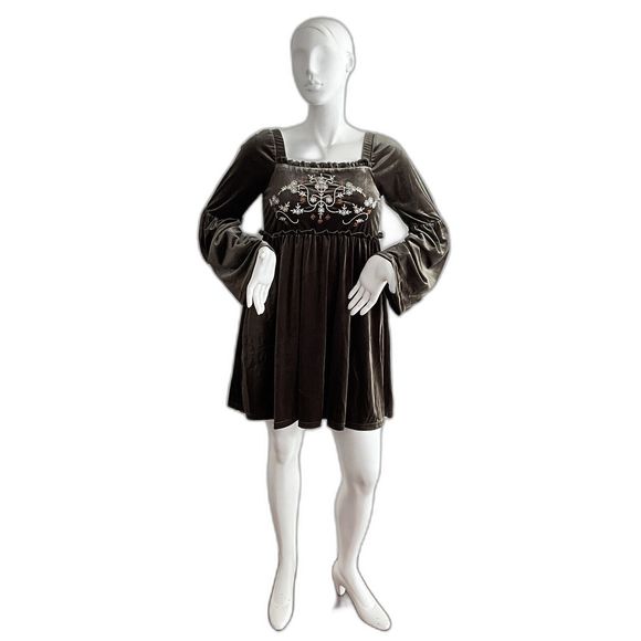 Miss Me Dress Olive Green Velvet Embroidered Bodice Bell Sleeve Mini S - Picture 3 of 12
